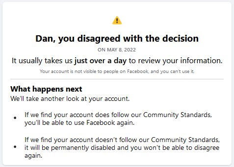 DanYedinak's tweet photo. Here we go again @Meta . Starting over with a new account & already suspended "pending review" for violating Community Standards by adding a real life friend that the @Facebook AI says "I have never interacted with." IDK - Maybe ask me for their email address? #facebookisbroken https://t.co/MPaR2Hnkj5