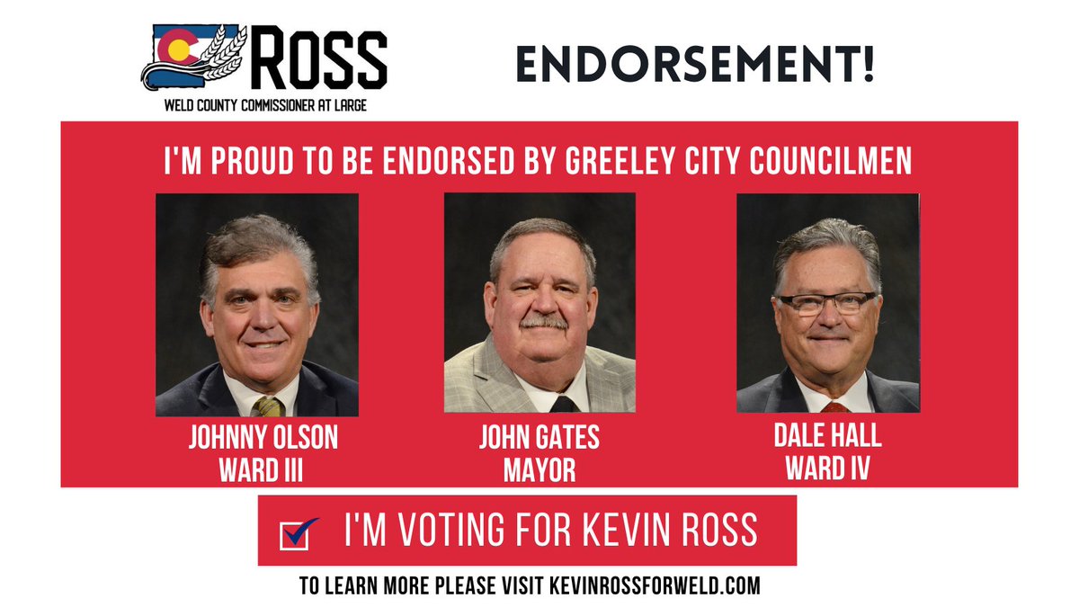rossforweld's tweet photo. When you live in Weld County you get to know some exceptional people. Among them these three guys: Greeley Mayor John Gates and Greeley City Councilmen Dale Hall and Johnny Olson. I'm honored to have their endorsement. Thanks gentlemen! #rossforweld #weldcounty https://t.co/vo0PNIAgV1