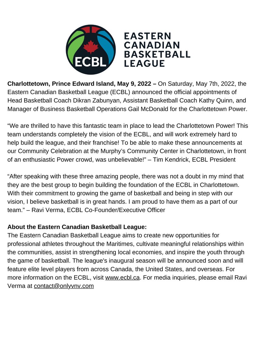 Congratulations to our new Head Coach, Assistant Basketball Coach, and MBBO. We are #chargedup for what’s to come in #charlottetown 

<a href="/ecbl_ca/">Eastern Canadian Basketball League</a> #enhancethegame #biggerthanbasketball #forthemaritimes
