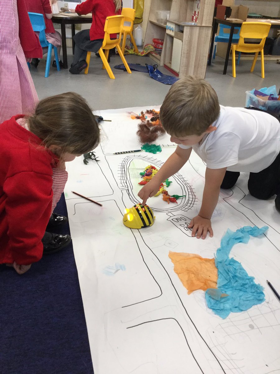 MD_Class1's tweet photo. Team Reception worked in small groups today designing a dinosaur park. They worked together to decide on what the dinosaur needed and where best to place the enclosures. Then they programmed the bee bots to the different areas of the park! @MD_MrsThompson #MDComputing #MDDT https://t.co/A3Hbi3hs88