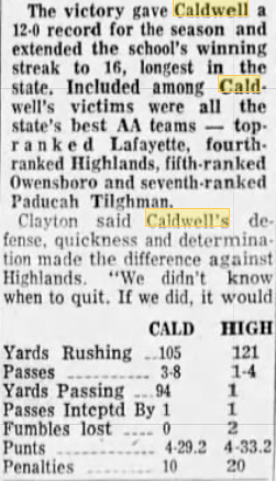 In 1963 Caldwell County would defeat Highlands 14-7 to win its 1st of 2 state titles. The head coach of Caldwell was Fred Clayton.