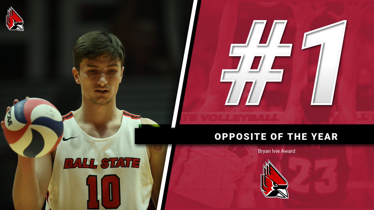 BallStateMVB's tweet photo. Congratulations to Angelos Mandilaris for being named 🏐Opposite of the Year (Bryan Ivie Award) @offtheblock11 announced today‼️

#ChirpChirp | #WeFly https://t.co/KameIeDgN0