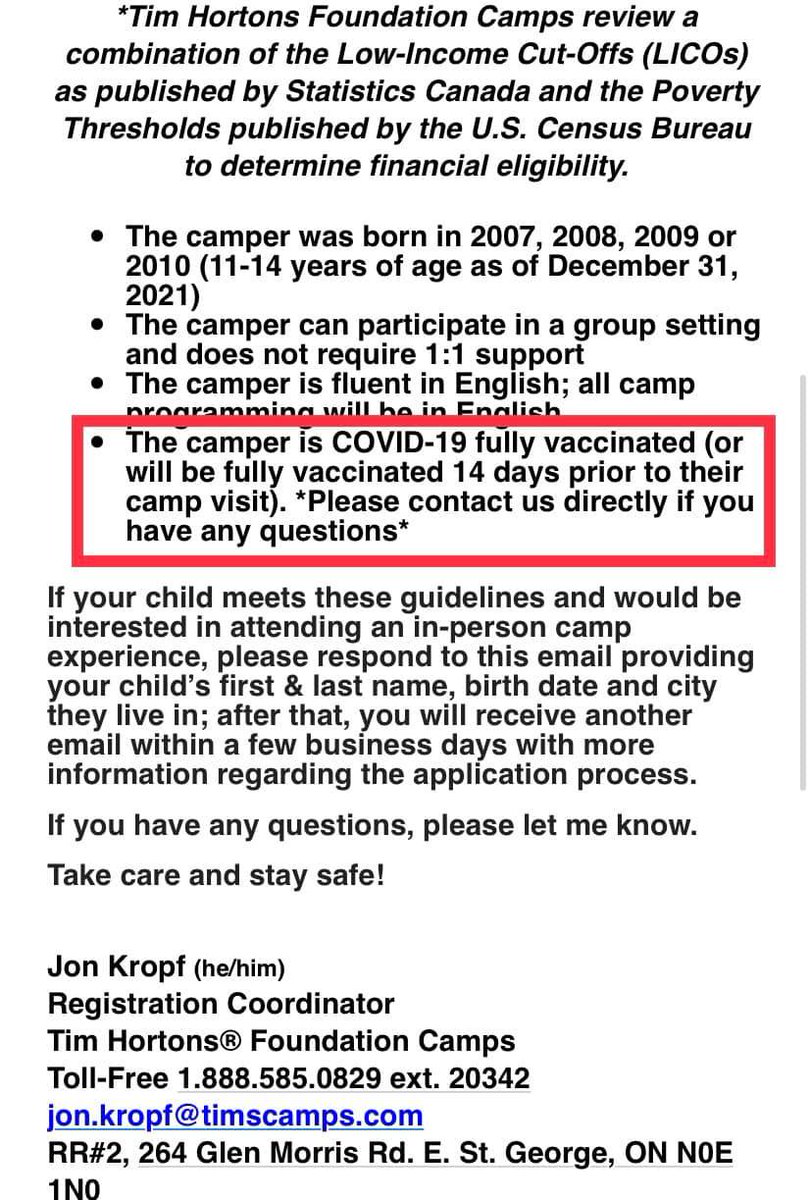 Tim Hortons Camps are requiring children with a 99.9% survival rate from COVID-19 to get vaccinated to attend camp.