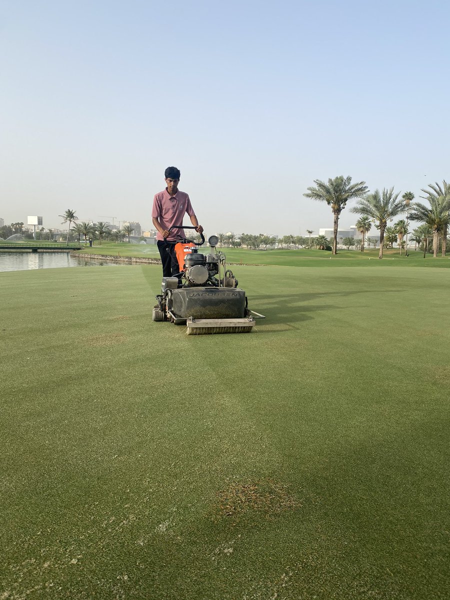 golf_wells's tweet photo. Maintenance Monday at @DubaiCreekGolf Freaky Verti-Cut at -3mm followed but a freaky cut with bushes down @ 2.2mm. 8mm solid tine and a roll before applying approximately 10 tons p/Ha of silica sand to the surface. Great work by the team to get all wrapped up before lunch. https://t.co/f27gBQ4E3i