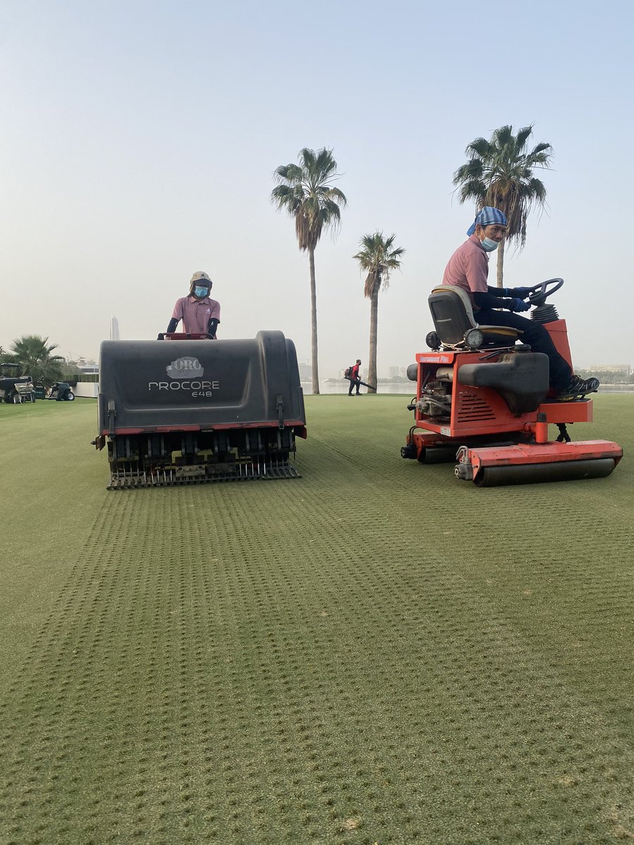 golf_wells's tweet photo. Maintenance Monday at @DubaiCreekGolf Freaky Verti-Cut at -3mm followed but a freaky cut with bushes down @ 2.2mm. 8mm solid tine and a roll before applying approximately 10 tons p/Ha of silica sand to the surface. Great work by the team to get all wrapped up before lunch. https://t.co/f27gBQ4E3i