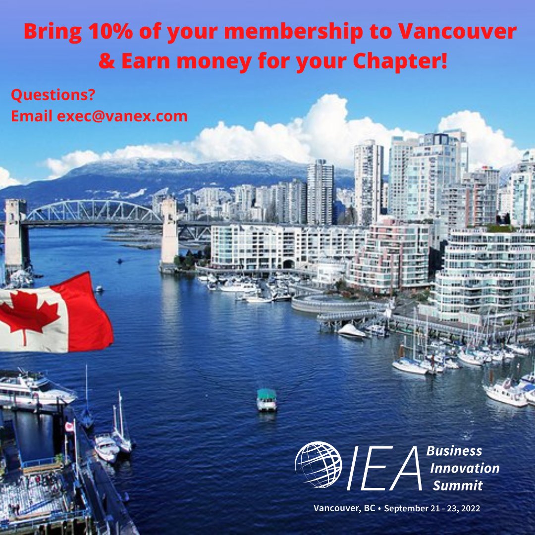 *|iea.vanex.com|* 

Come and grow your business along with your fellow Chapter Members at the 2022 IEA Summit.
We will credit $200 for every paid registration from your Association in excess of 10% of your total membership.

So simple! #IEA #Vanex #networking