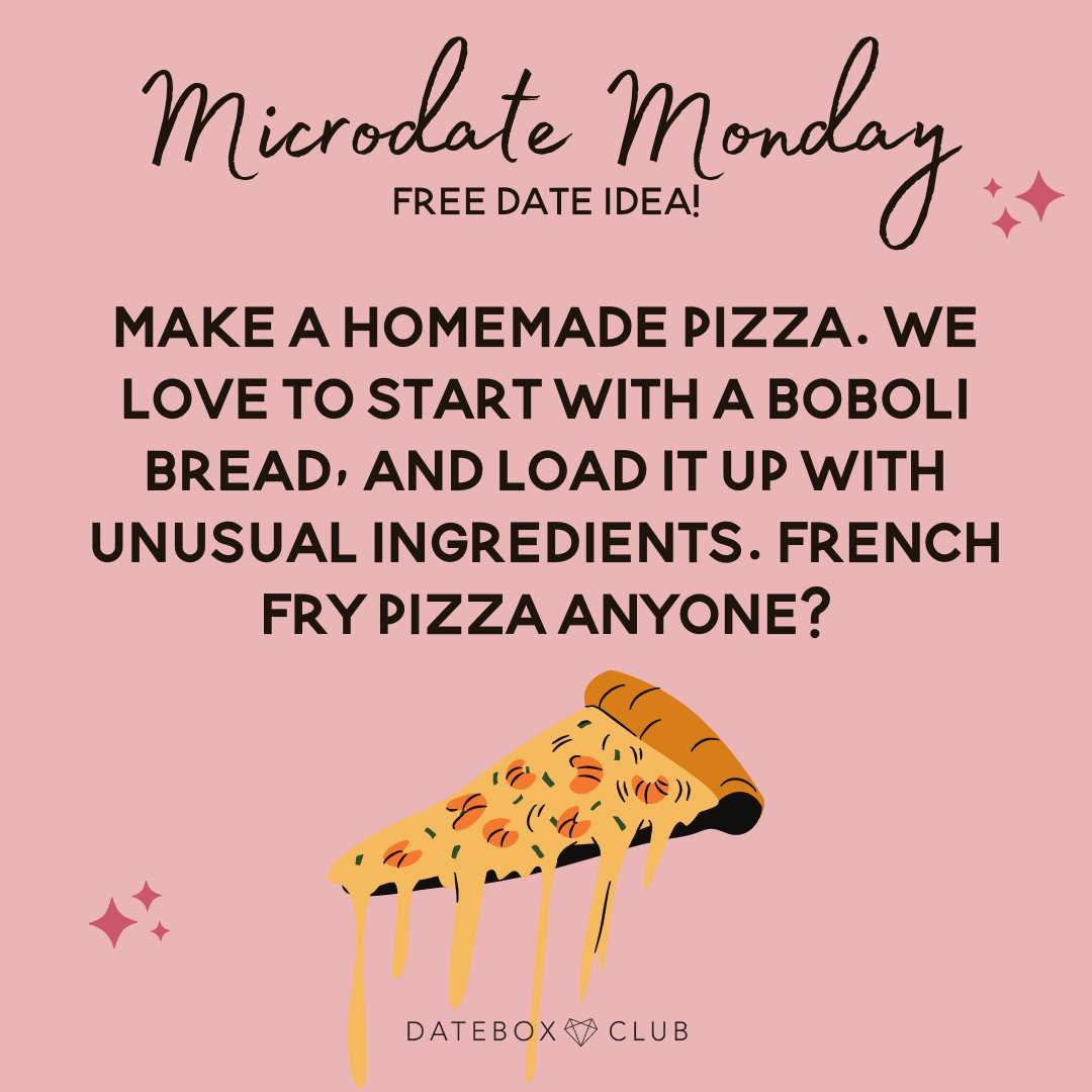 DateBoxClub's tweet photo. 💘Microdate Monday💘
Switch things up and make a homemade pizza together! Get creative and add things that you normally wouldn't add.🍕♥️
#dateboxclub #datebox #datenight #datenightideas #datenightoutfit #date #dateideas https://t.co/2jZrhCzQTL