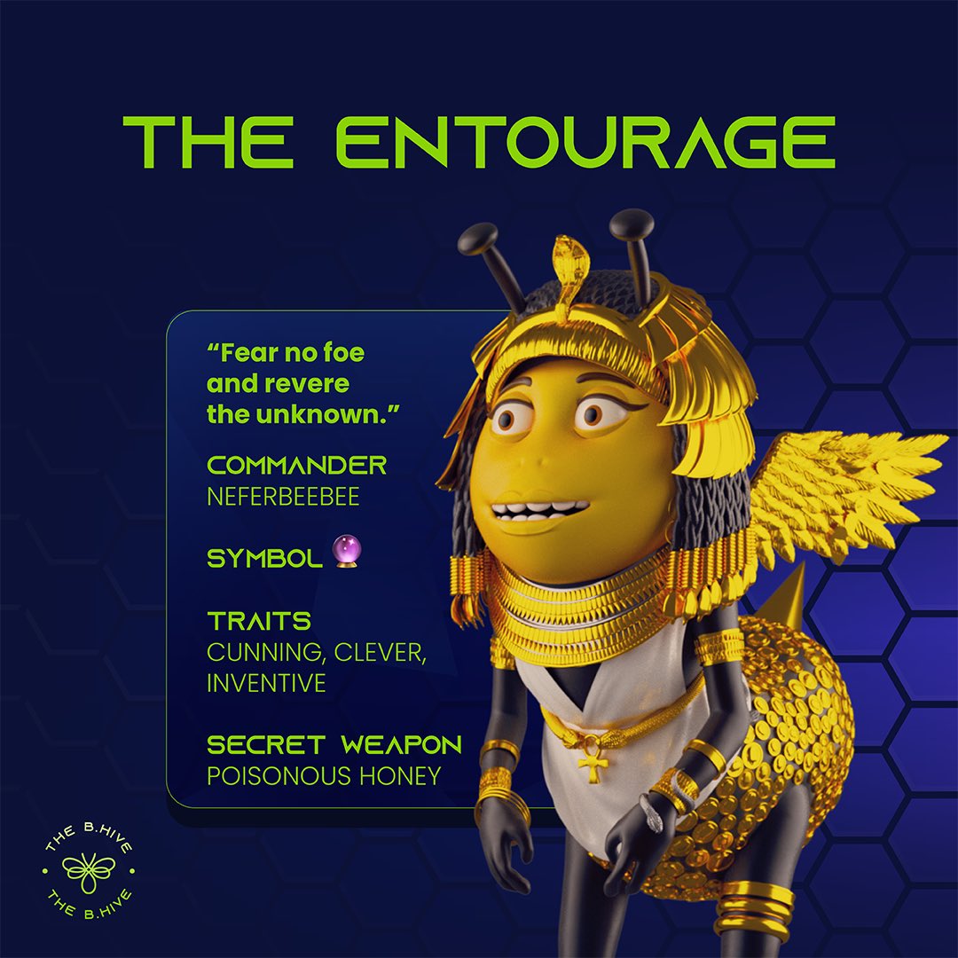 thebhivenft's tweet photo. Meet the Entourage and its commander, Neferbeebee 🐝

Are you feeling the vibe? React with a 🔮👇 

#NFT #NFTCommunity #EntourageBee https://t.co/xgVDQnbuaT