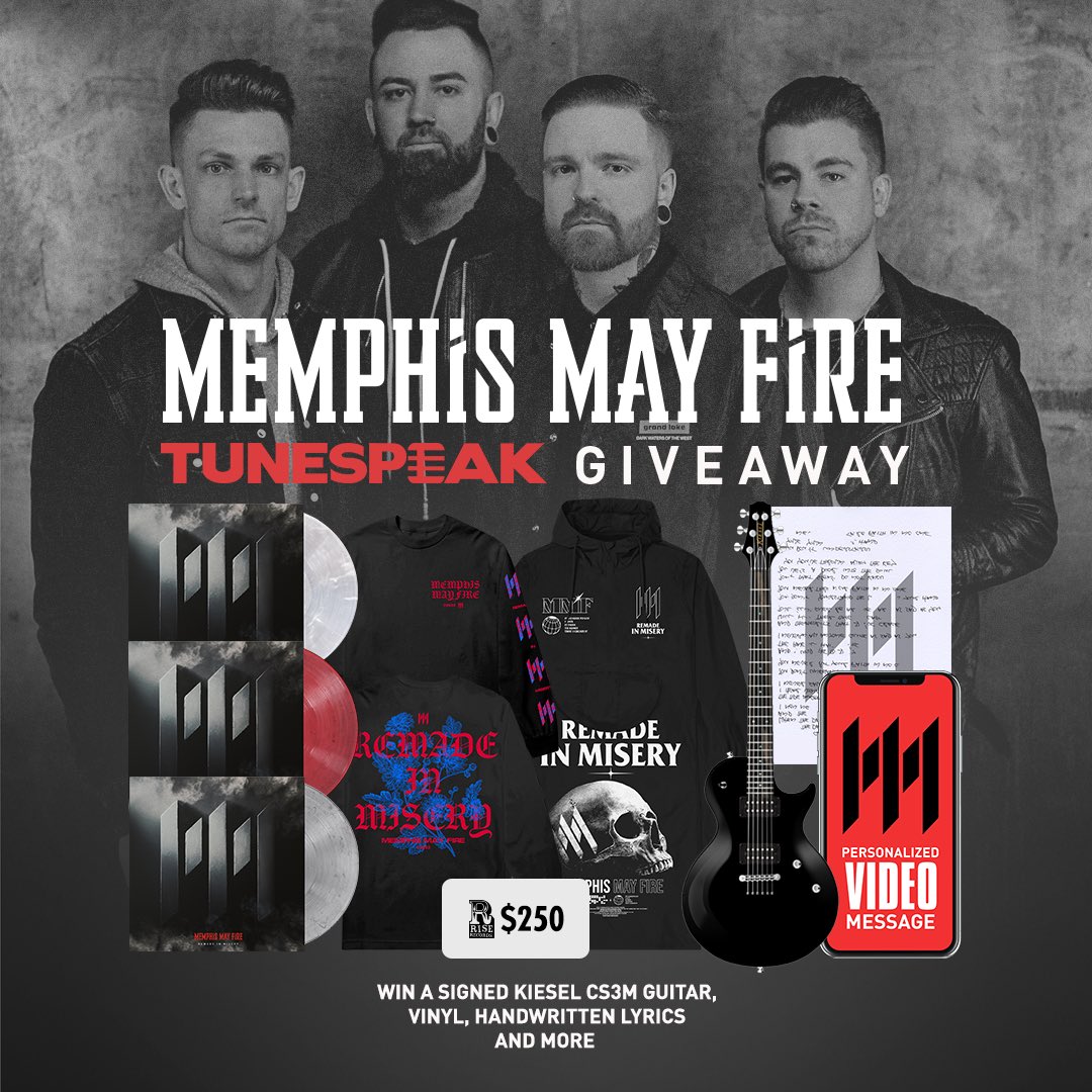 MemphisMayFire's tweet photo. We're giving away a signed stage used guitar plus vinyl, gift cards and more!! Get ready for our upcoming album #RemadeInMisery and enter here: https://t.co/Zt8hYdOW96 https://t.co/eja9st3EOD