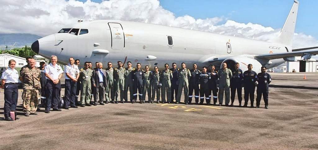 NewsIADN's tweet photo. Indian Navy #P8I #LRMR #aircraft on a 5 day deployment to #Reunion Island Territory of France in Southern Indian Ocean.

During the deployment, P8I will operate with #French warships in the region under a co-ordinated #Patrol. 

#IADN #IOR https://t.co/fUUWn0GsKv