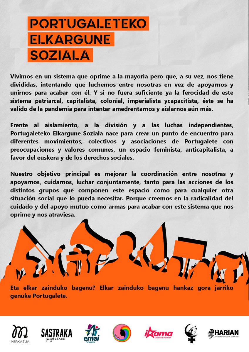 Fruitu izan nahi duten loreek lurra hartu dute azken hilabeteetako lanean. 

Jaio da Portugaleteko Elkargune Soziala.

Elkartasun eta zaintza hautu erradikala. Mundua aldatzeko behar dugun indarraren motore eta aldi berean sistema bera hankaz gora jarriko duen helburu.
