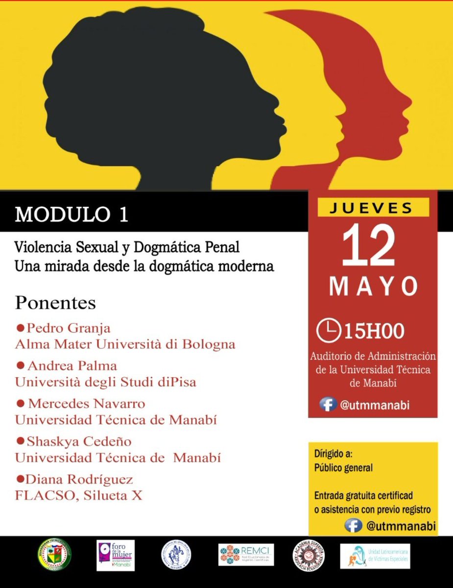 FacultadUtm's tweet photo. Extendemos invitación al Seminario de Violencia Sexual y Dogmática Penal
Este jueves 12 de mayo, a las 3 pm en el auditorio de la Facultad de Ciencias Administrativas y Económicas de la UTM.
Certificados de asistencia previo registro en siguiente enlace https://t.co/kvfOrBqoX0 https://t.co/6pOJRoqPuW