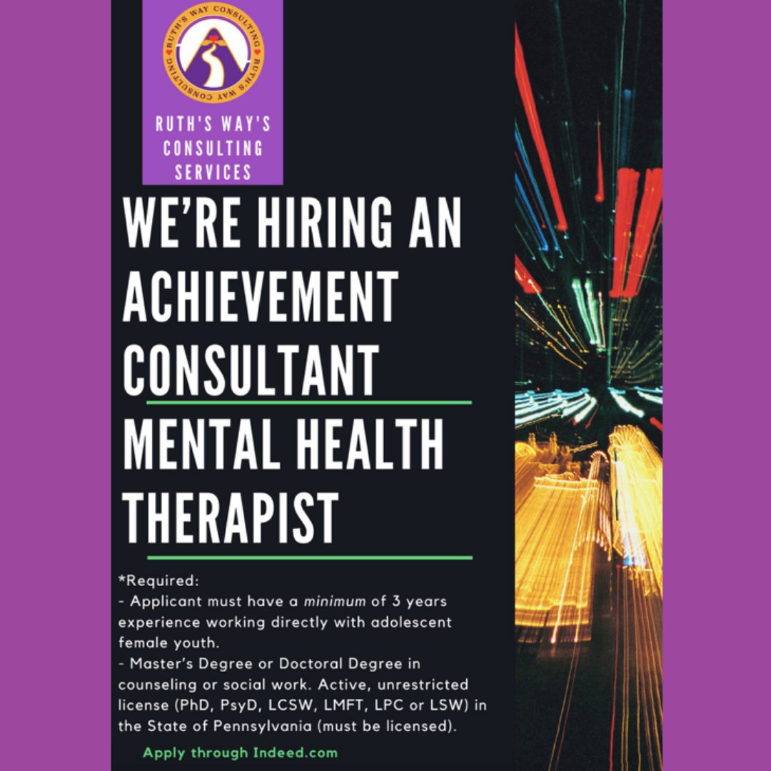 ruthswayconsult's tweet photo. Ruth's Way Inc., is looking for an awesome Therapist to join our team! Apply via Indeed!
#RuthsWay #Family #Friends https://t.co/Vf4avvgGpg