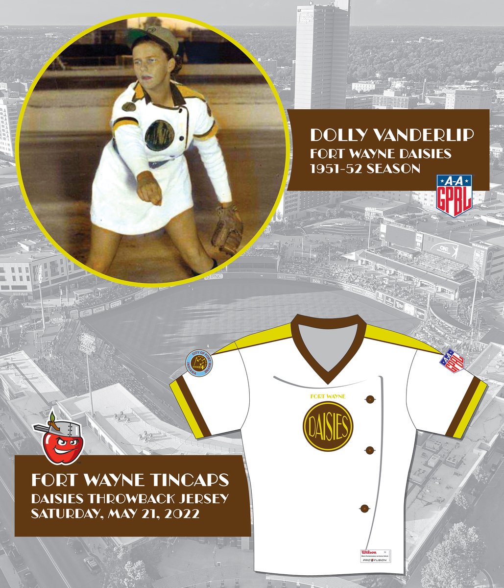TinCaps's tweet photo. The 'Caps will be wearing these Fort Wayne Daises throwback jerseys on Saturday, May 21st!

The jerseys are being auctioned off to fund a Daisies monument at their old field in partnership with the Fort Wayne Parks &amp; Rec Department!

Learn more: https://t.co/KBs8wo0wBy https://t.co/cNxOHcvGVX