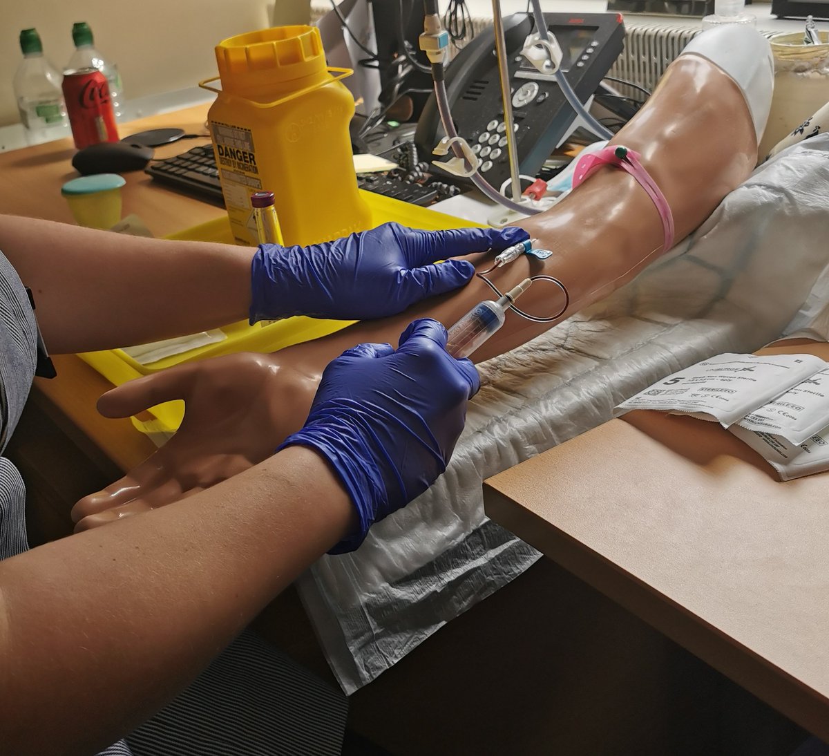 SarahReitel's tweet photo. I might be on crutches and non-clinical, but I'm not letting it stop me! Cannulation and venepuncture training from the office and another batch of blood culture competencies done! @NGHCartwright1 @sarahcoughlan32 #oncology #haematology #practiceeducator #clinicalskills https://t.co/9R4XAolTnN