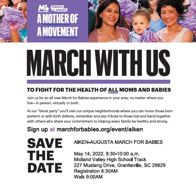 AikenPublicSch's tweet photo. MARCH WITH US!

Online donations to March of Dimes may be made at https://t.co/biLSyaPhou...&amp;.

Interested in participating in the Aiken-Augusta March For Babies community walk on Saturday, May 14th at Midland Valley High School? 

Register at https://t.co/pDrl1cEwau. https://t.co/KehdCTP7ZE