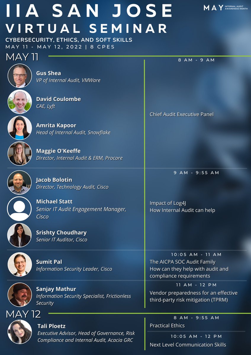 IIASanJose's tweet photo. Tomorrow is the last day to register! Join us on May 11-12 for a jam-packed two-day virtual seminar!

Register now - https://t.co/V1jsM9Yi9e

#IIA #iiasj #audit #auditing #cybersecurity #ethics  #cpe #virtual #auditboard #crowe #grantthornton #soaprojects https://t.co/ck3VnxHyC7