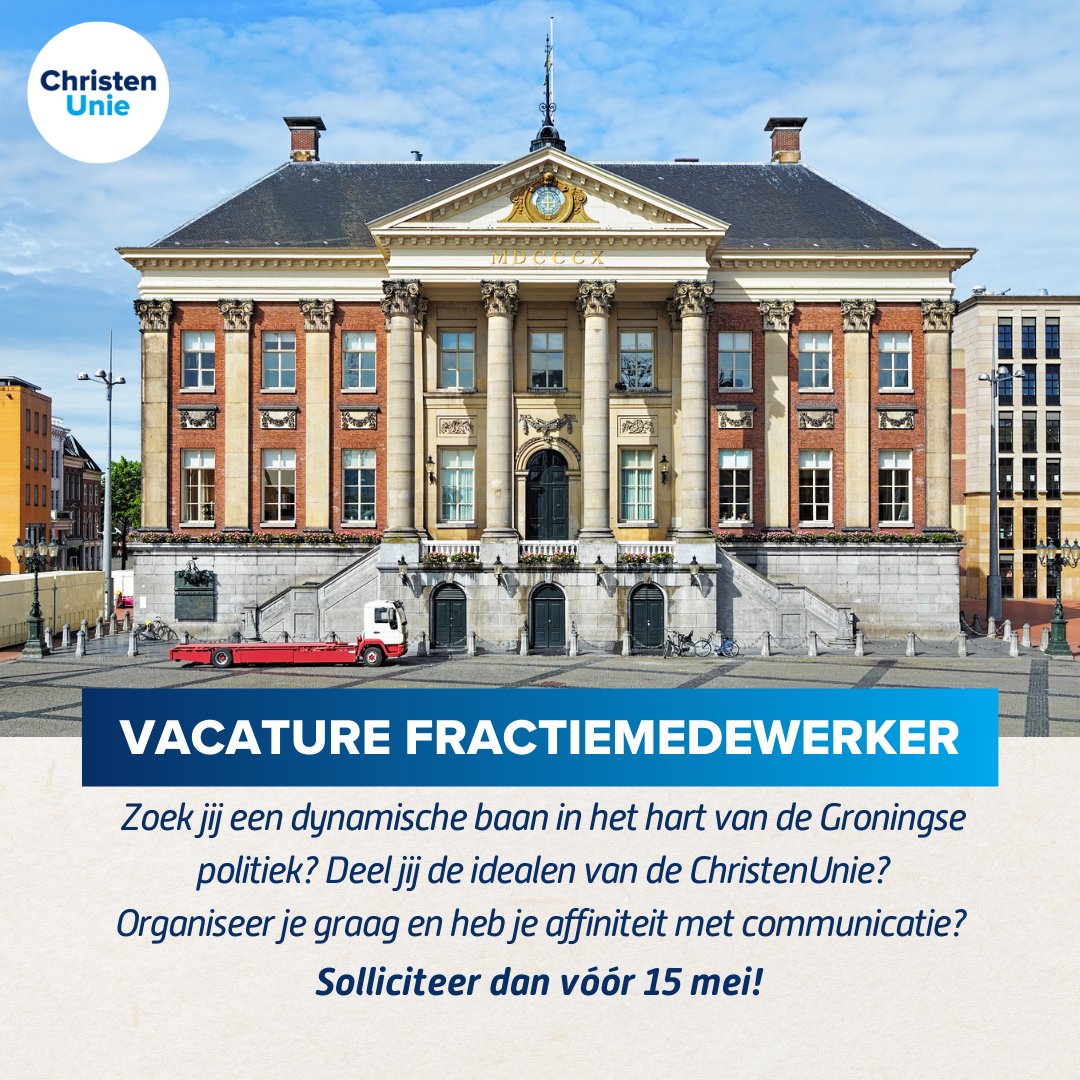 CUGroningen's tweet photo. Wij zoeken een nieuwe fractiemedewerker!

Ben jij geïnteresseerd in politiek, communicatief en organisatorisch sterk en 10 uur per week beschikbaar?

Solliciteren kan t/m 15 mei! Bekijk de volledige vacature hier 👇
https://t.co/CSc6dB9XsW https://t.co/0P6jm2QSH5
