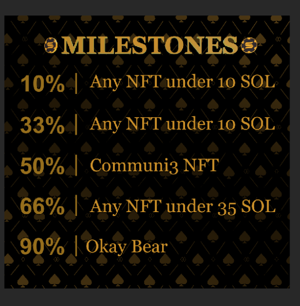 Celebrating our initial drop, we will call out a number at each milestone sold, and giving the holder a reward as listed.

#pokeronline #NFT #NFTgiveaway #SolanaNFT #SolanaGiveaway