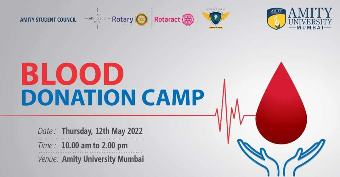 AmityUniMumbai's tweet photo. Amity Student Council of #AmityUniversityMumbai, in collaboration with Rotary and Rotaract Club, Patalganga, is organizing a Blood Donation Camp; on 12th May 2022 from 10 am onwards.

To Register: https://t.co/6LBnjwi8CN

#CSR #AmityForSociety #blooddonation #studentcouncil https://t.co/ift6xpnyue