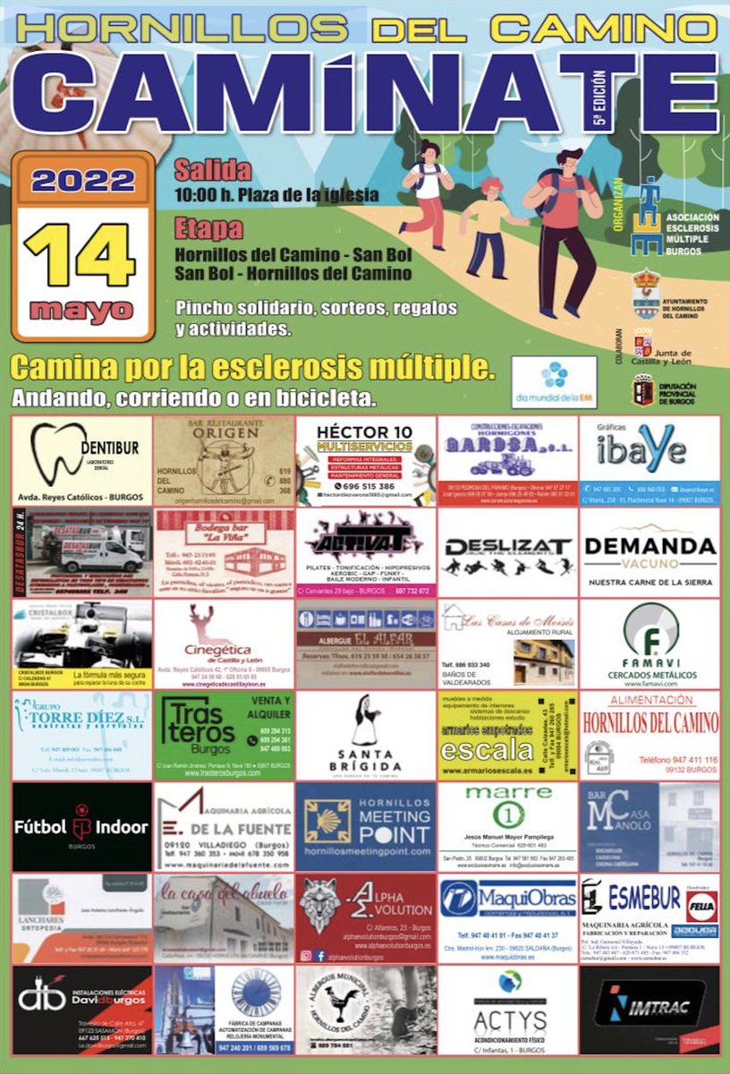 afaem's tweet photo. CAMÍNATE!!! Camina por la #EsclerosisMúltiple. Próximo sábado, 14 de mayo 2022, a las 10:00h, en Hornillos del Camino. Andando, corriendo o en bicicleta. Pincho solidario, sorteos, regalos y actividades. Más infi en el  947 207 946. https://t.co/f2AJHOBKfv