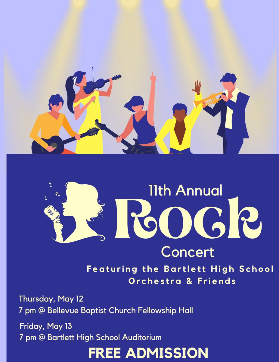 BartlettSchools's tweet photo. Want to see what the Bartlett HS music dept has been up to? Well now's your chance. You are invited to their 11th Annual Rock Concert held on May 12 and 13. This concert is free and will feature the Bartlett HS Orchestra. Click the image below for additional details. #BCSFineArts https://t.co/9HiwUYBH3W
