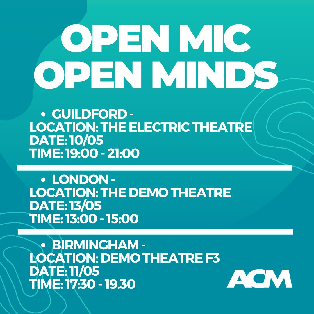 acm_uk's tweet photo. OPEN MIC/OPEN MINDS 🎤 

In celebration of #MentalHealthAwarenessWeek, we are hosting Open Mic nights at all three campuses this week! Come along for some great evenings of music, pizza and positivity! 🎵 🍕 😊 

#ThisIsACM #ACMuk https://t.co/kDLjKhU0zd