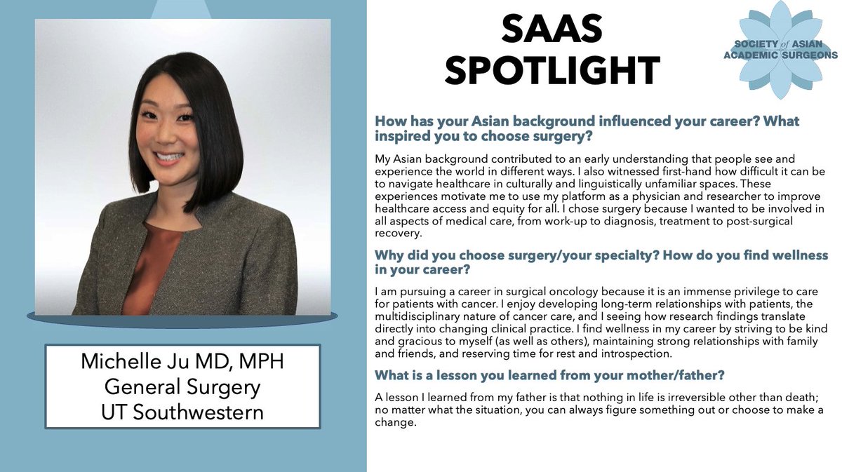 SocAsianAcadSurg (@asianacadsurg) on Twitter photo Dr. Michelle Ju, resident <a href="/UTSWSurgeryLife/">UTSW Surgery Residents</a> <a href="/UTSW_Surgery/">UTSW Surgery</a> and future <a href="/SocSurgOnc/">Society of Surgical Oncology</a> fellow is today's <a href="/AsianAcadSurg/">SocAsianAcadSurg</a> Spotlight! She is passionate about addressing disparities in cancer care. #aapimonth
<a href="/PatricioPolanc0/">Patricio Polanco</a> <a href="/FiemuNwariaku/">Fiemu Nwariaku</a> <a href="/herbert_zeh/">Herbert Zeh</a> Dr. Michelle Ju, resident <a href="/UTSWSurgeryLife/">UTSW Surgery Residents</a> <a href="/UTSW_Surgery/">UTSW Surgery</a> and future <a href="/SocSurgOnc/">Society of Surgical Oncology</a> fellow is today's <a href="/AsianAcadSurg/">SocAsianAcadSurg</a> Spotlight! She is passionate about addressing disparities in cancer care. #aapimonth
<a href="/PatricioPolanc0/">Patricio Polanco</a> <a href="/FiemuNwariaku/">Fiemu Nwariaku</a> <a href="/herbert_zeh/">Herbert Zeh</a>