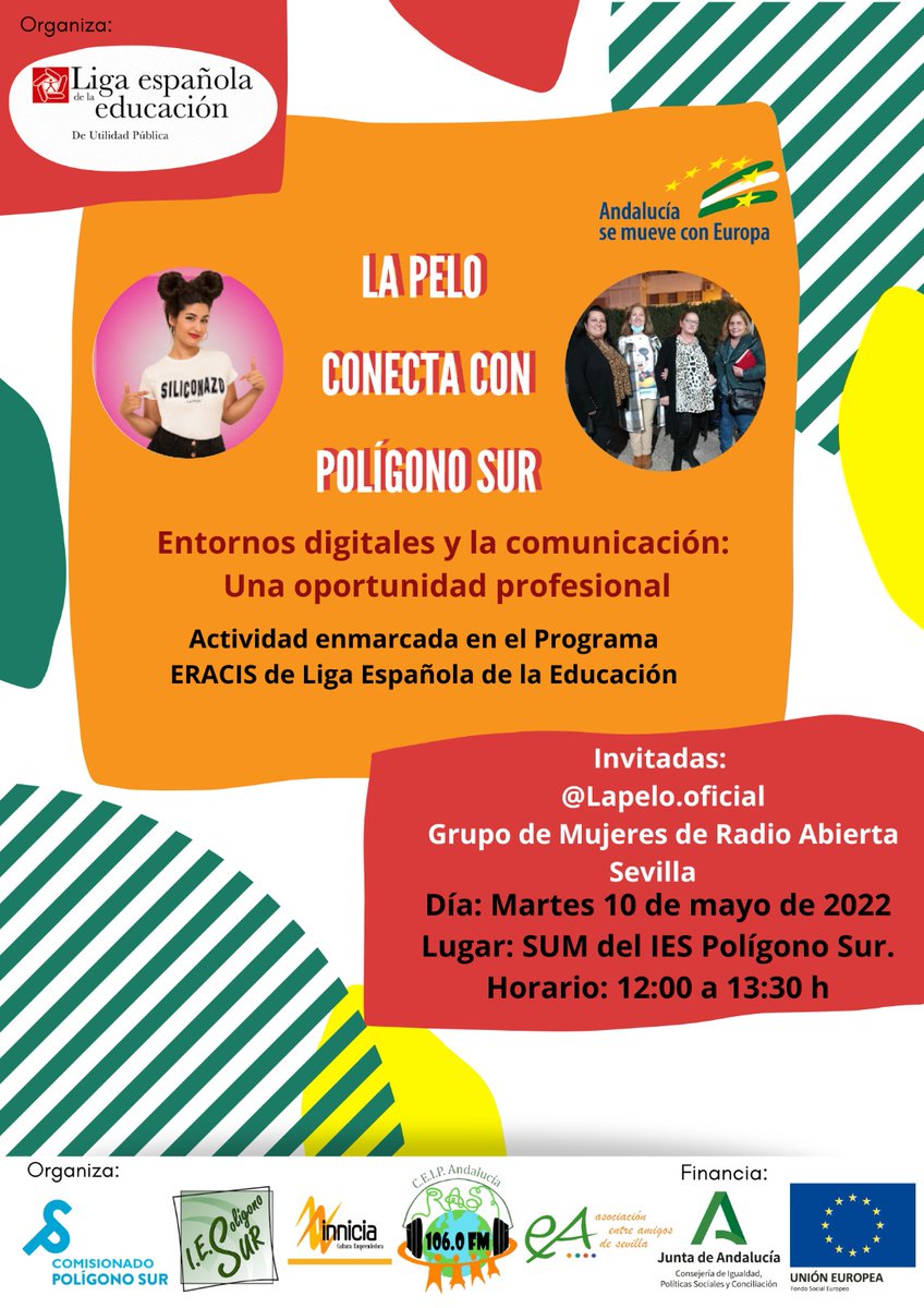 RadioAbiertaSev's tweet photo. Este martes a las 12 estaremos en el @IesPSur conociendo a #LaPelo de la mano de nuestra periodista vecinal, Rocío "La Gorda".
Hablaremos de los entornos digitales y las formas de comunicar, tanto desde las redes sociales como desde los medios de comunicación comunitarios. https://t.co/ehVUC0ztYq