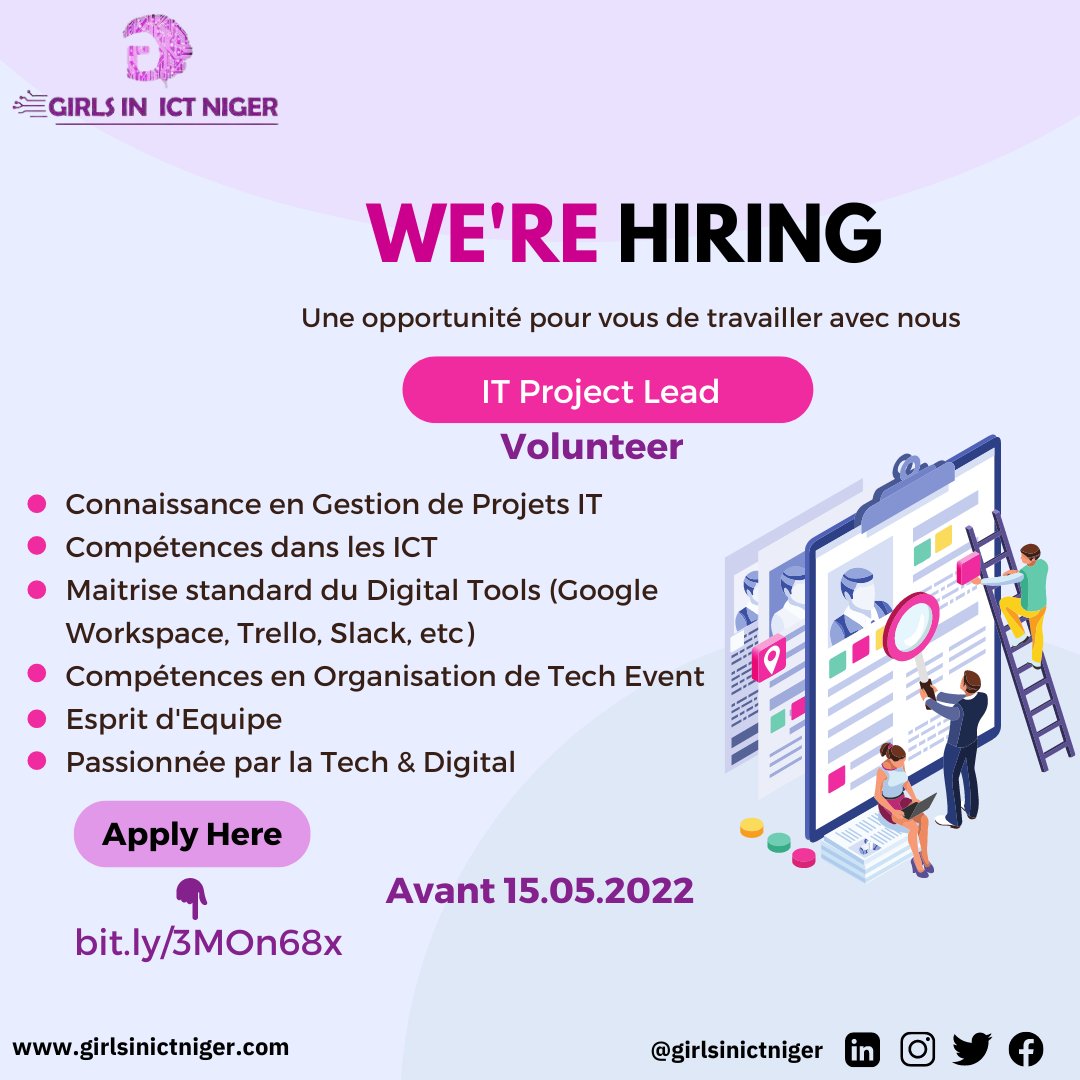 GirlsinICTNiger's tweet photo. #JobHiring
#ITProjectLead🖥️
Tu👧🏽 as certaines de ces compétences ?
Tu es habile avec la Tech🖥️ & le Digital🌐 ?
Alors il suffit juste de cliquer ici :
📝:https://t.co/b3XfpfXuhL
📆: 15.05.2022
#GirlsCanCode #GirlsInICTNiger #ICTGender https://t.co/Y979qMd6Iw