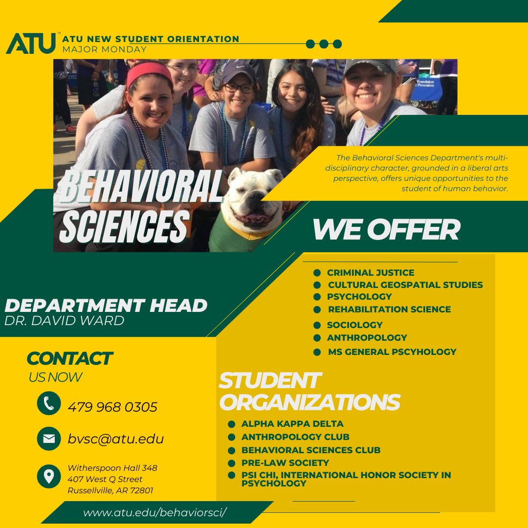 Hey, #atu26! We are kicking off our first #MajorMonday of the summer with the Behavioral Sciences Department! Are you interested in any of these majors? Be sure to check out their webpage for more info!