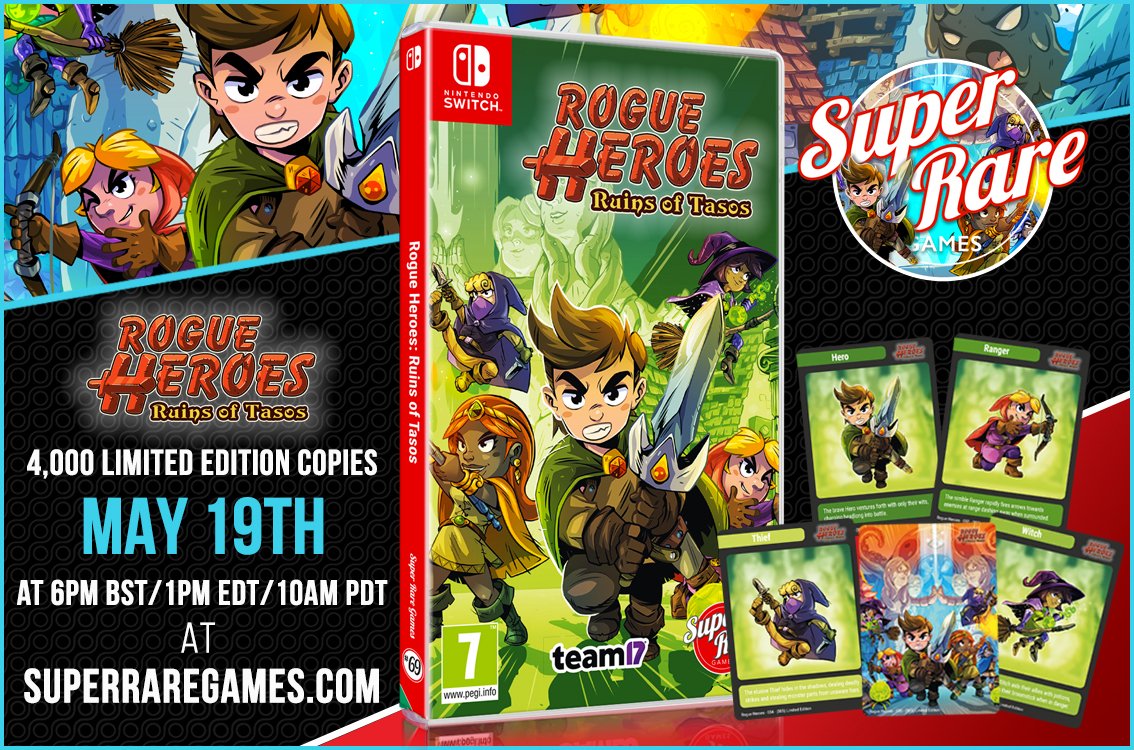 Heroes of Tasos assemble! 🏰
 
We’re excited to team up with <a href="/Team17/">Team17</a> &amp; <a href="/HelioCStudios/">Rogue Heroes / Heliocentric Studios</a> for their roguelite adventure, 𝑹𝒐𝒈𝒖𝒆 𝑯𝒆𝒓𝒐𝒆𝒔, available physically on the Switch for the first time with only 4,000 units!
 
On sale May 19th @ 6pm BST at superraregames.com 🧙