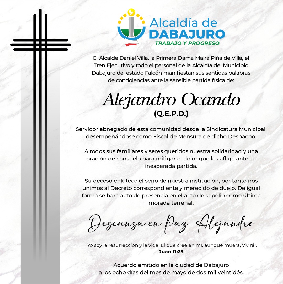 McpioDabajuro's tweet photo. El Alcalde Daniel Villa @villafalcon1, la 1era Dama del Municipio Maira Piña de Villa y todo el equipo de la Alcaldía de Dabajuro lamentan informar esta irreparable perdida. https://t.co/oYgBfDzRql