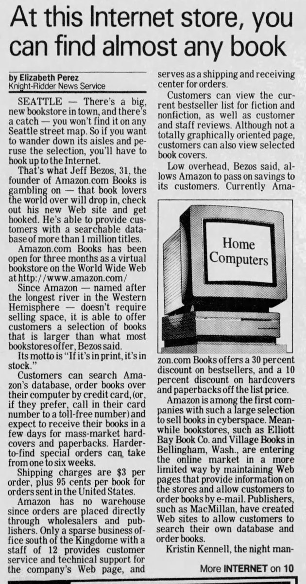 1stTimeinPrint's tweet photo. "There's a big, new bookstore in town, and there's a catch--you won't find it on any Seattle street map." FIRST TIME IN PRINT for "https://t.co/LpPzlANVIi Books" and its 31-year-old founder. From 11/6/95 issue of the Lancaster New Era #Amazon.com #history #FirstTimeinPrint https://t.co/YNsM9ebjbA