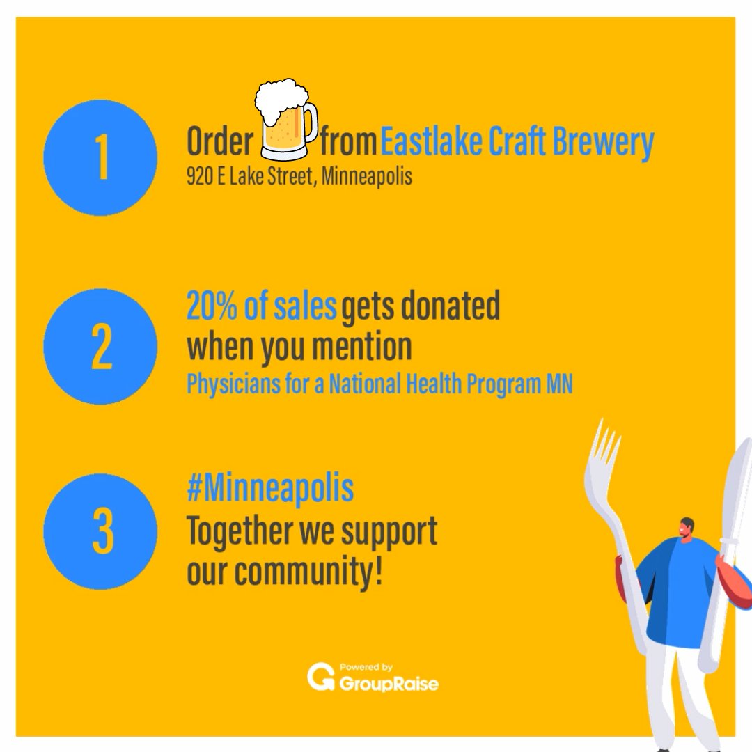 PNHPMinnesota's tweet photo. Like beer? Believe in healthcare for ALL?
Join our fundraiser on Sun, May 15th from Noon-9pm at @EastlakeMGM! All dine-in, take-out, pick-up & delivery orders benefit PNHP-MN. (Don't forget to tell them "@PNHPMinnesota sent me" when you order!)
RSVP at https://t.co/y1OIKuyHtz https://t.co/dZ7o77bVPb