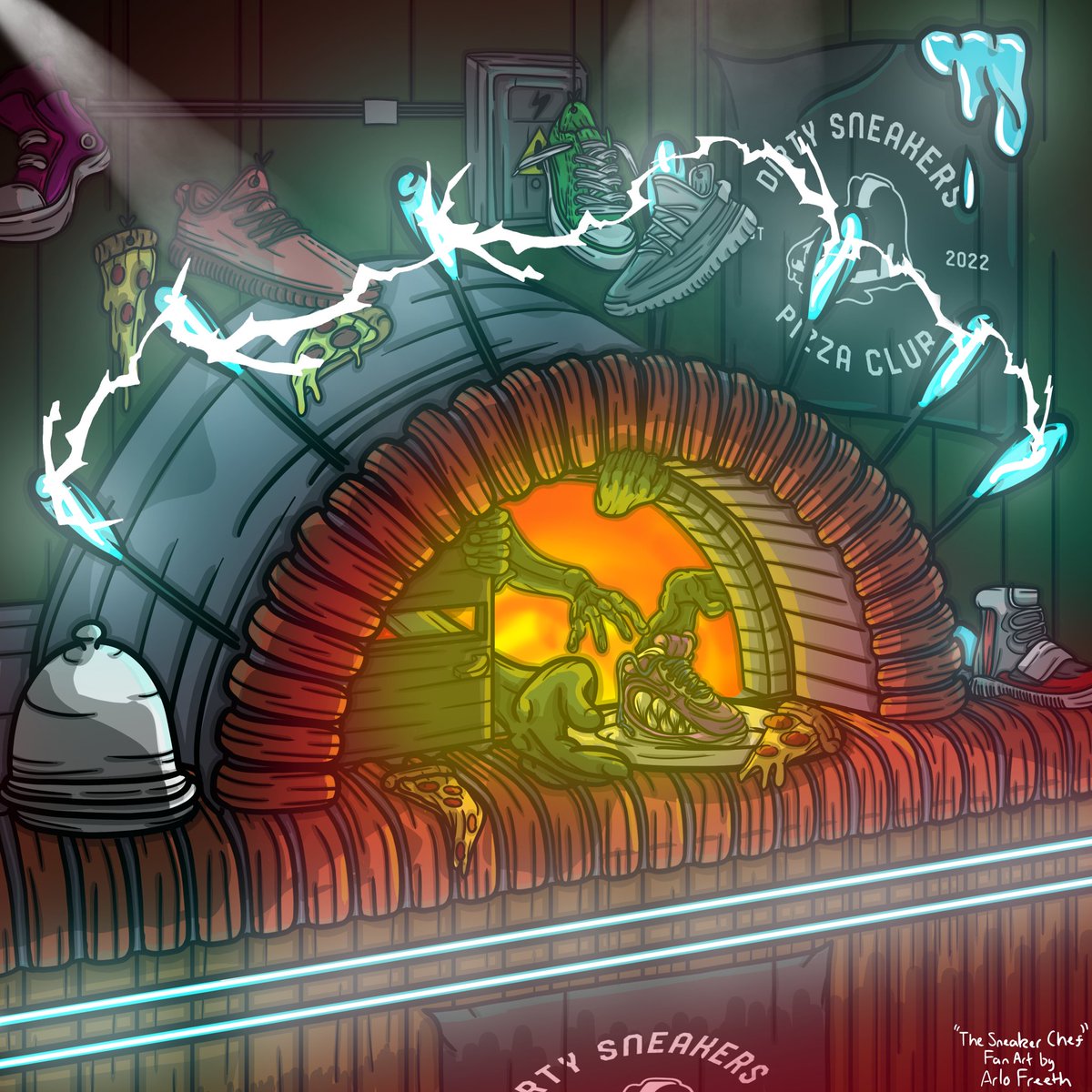 art_arlo's tweet photo. I'm convinced the oven is where the Sneaker Chef cooks up his shoes 👁👟👨‍🍳

Loved making this fanart. I learned so much about environment art from it 😄🙌

Completed in just under 15 hours 😃🥰

🍕👟

 @DSPC_nft @jarnnft
#DSPC #DirtyGang #NFT #nfts #nftcommunity https://t.co/zigy4EE6Il