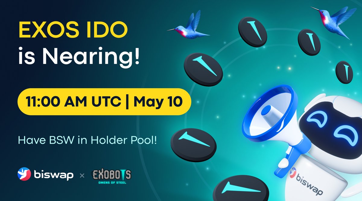 ⏰ EXOS IDO on <a href="/Biswap_Dex/">Biswap</a> Launchpad Soon!⏰
 
Get $EXOS of @ExobotsGame!
 
💰10M EXOS
📆11:00 AM (UTC), May 10
⏳1h duration
📍biswap.org/ido
 
EXOS has 5% fee for buys, sells &amp; transfers. 
❗️The fee won't be required for the participants of the vesting to claim tokens.