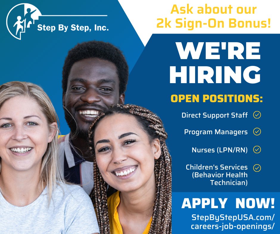 StepByStepUSA's tweet photo. We are #hiring, apply online today!

1. Direct Support Staff (Agency-wide) https://t.co/ykf5C6Mkds

2. Program Managers https://t.co/A4OfHabiMb

3. Nurses (LPN/RN) https://t.co/BFGlrvFTe8

4. Children's Services (Behavior Health Technician) https://t.co/NFszj6BOKu https://t.co/YKLX8lcaDT