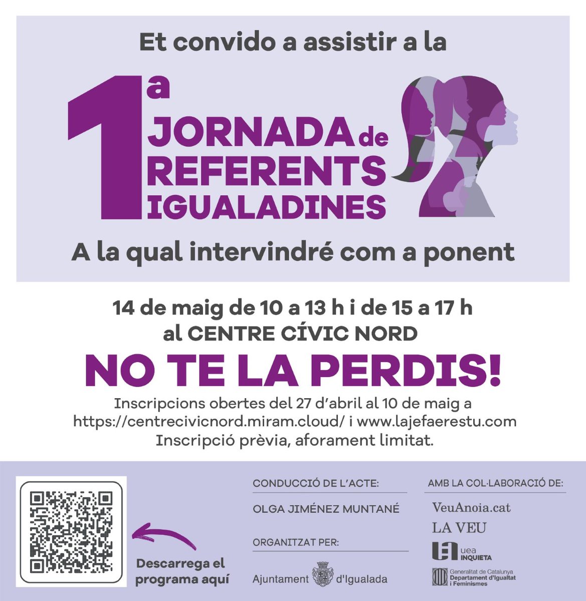 CapelGonzalez's tweet photo. Mañana 10 último "1ª Jornada de Referents Igualadines" que se celebrará el 14 de 10:00 a 13:00 y de 15:00 a 17:00 al Centre Cívic Nord de Igualada conduciendo el acto @OlgaJimenezMK autora "La Jefa eres tú", inscripciones https://t.co/L5CK4ynbXd y https://t.co/xYrWPDySqc, https://t.co/eCUWQUqLwP