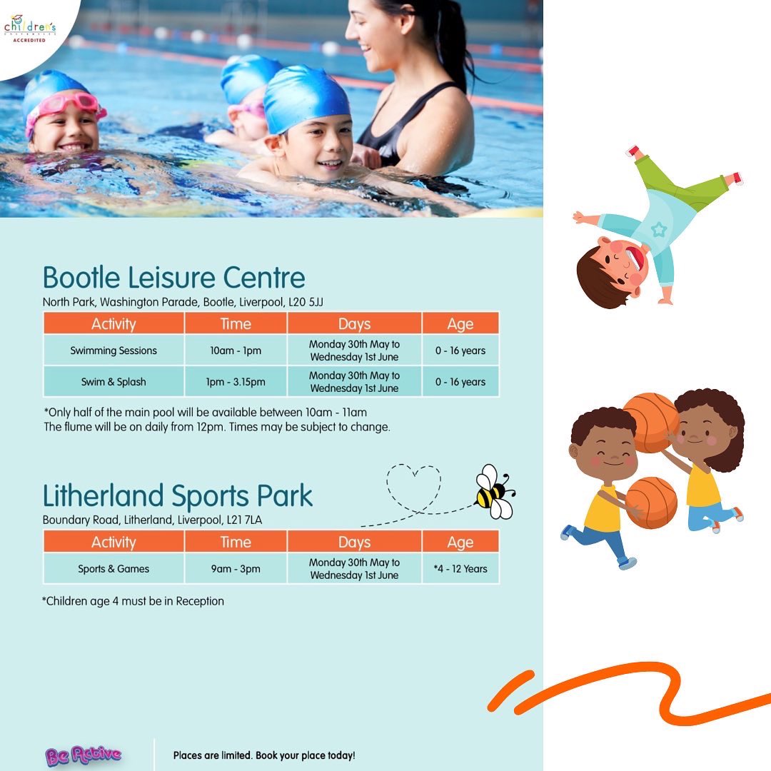 🤸🏻‍♀️GET ACTIVE WITH BE ACTIVE🤸🏻‍♀️

Our Be Active programme is back for Spring🤗🌻

Join us for: 

🏓Sports &amp; Games
🏊🏽‍♀️Swimming Sessions 
🌊Swim &amp; Splash 
⚽️LFC Foundation 
🕺🏼Dance Camps
🚴🏼Ditch The Stabilisers