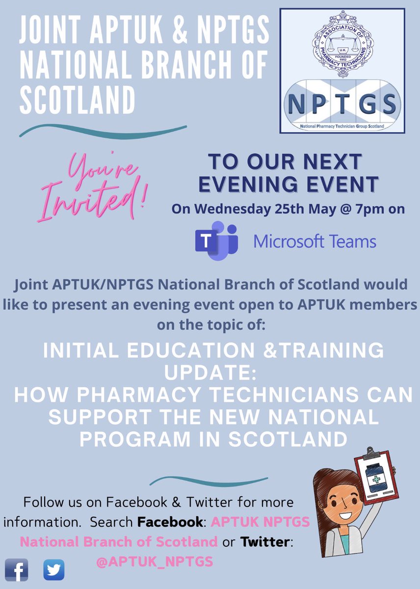 APTUK_NPTGS's tweet photo. Our next branch meeting will take place on Wednesday 25th May and is open to all APTUK members 
The topic of the evening event will be 
Initial education &amp;training update : How Pharmacy Techncians can support the new national program in Scotland 🏴󠁧󠁢󠁳󠁣󠁴󠁿 
More info coming soon 😀⬇️ https://t.co/boFGaFpXSe