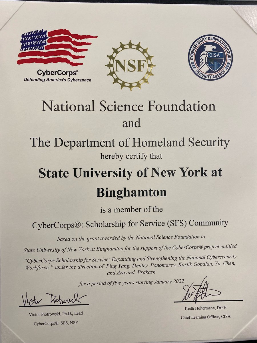 Last week, Binghamton PIs from CS and ECE Depts. attended <a href="/NSF/">U.S. National Science Foundation</a> SFS Bootcamp in Arlington, VA. We are excited to welcome our first group of SFS Scholars this coming year and are committed to training cybersecurity professionals for the US Government.
<a href="/PingYan92905239/">Ping Yang</a> <a href="/bing_watson/">Watson College - Binghamton University</a>