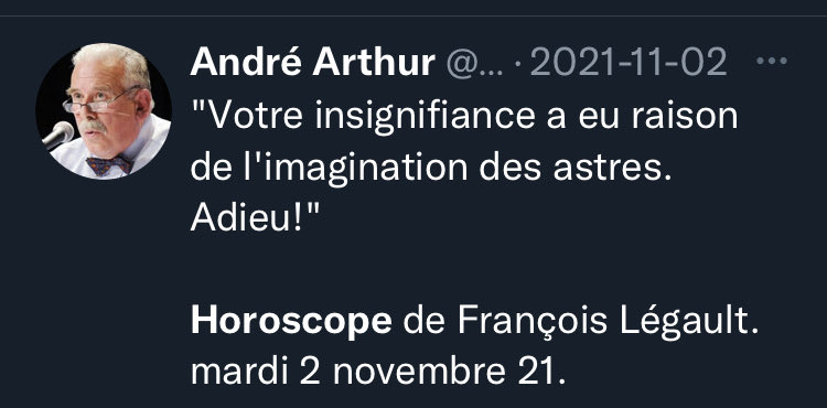 NancyGauthier5's tweet photo. Souvenir de la dernière chronique hilarante du roi Arthur et son horoscope de notre Premier Minus…
#RIPAA🙏🏼 https://t.co/5WPKaPeagW