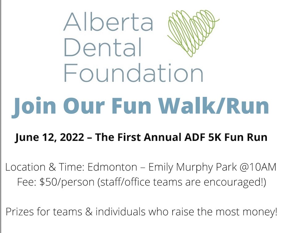 ABDentalFdn's tweet photo. The Alberta Dental Foundation is hosting our first annual ADF 5K Fun Run! The fee is $50/person (teams are encouraged!). All proceeds will go towards improving access to dental care for under-served and low-income Albertans! 🌷🏃‍♂️

Register here today: https://t.co/7ZvcEW9Y0q https://t.co/Ftp6QXS8Tx