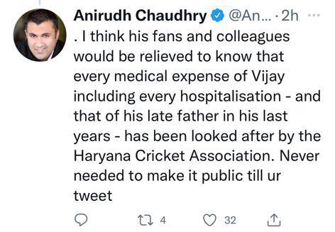 SumitNarwal's tweet photo. Top man⭐️ @AnirudhChaudhry  bhaiya.Well done to Haryana cricket association.Get well soon Vijay Bhai. ऊपर वाला तंदुरुस्ती बक्शे।🙏 https://t.co/aw4rYxxYun