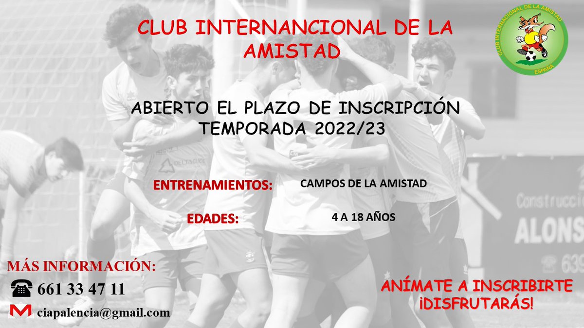 Abierto el plazo de inscripción para la TEMPORADA 2022/23

¡Inscríbete y anímate a disfrutar del fútbol con nosotros!