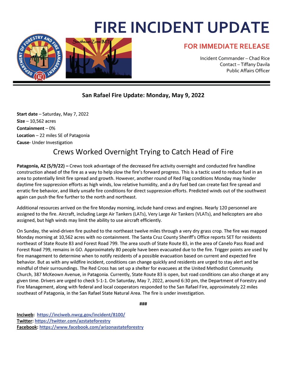 azstateforestry's tweet photo. #SanRafaelFire Mon. Update: 10,562 acres &amp; no containment. Wind-driven fire pushed 12 mi. to the N/NE Sun. Crews worked overnight trying to stop the fire's forward progress. Red Flag conditions for today; high winds, low Rh &amp; dry fuels can create fast spread. #AZFire #AZForestry https://t.co/vwZeYcFZKV