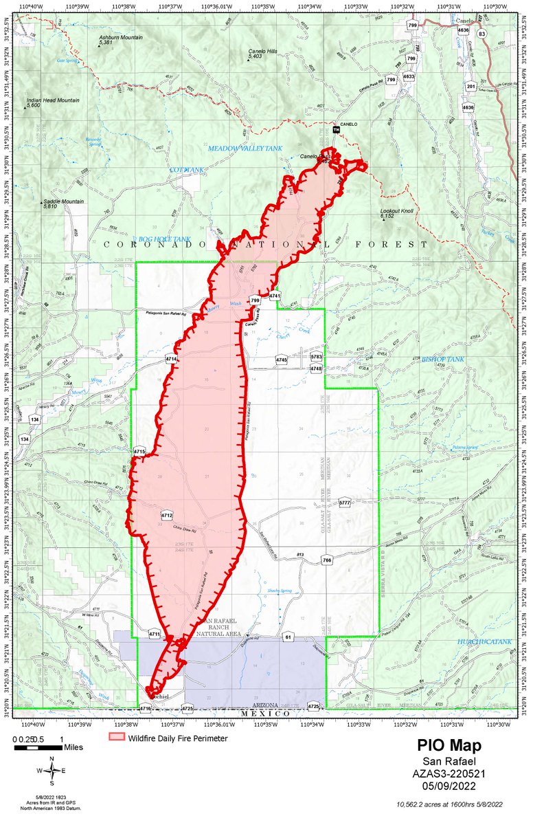 azstateforestry's tweet photo. #SanRafaelFire Mon. Update: 10,562 acres &amp; no containment. Wind-driven fire pushed 12 mi. to the N/NE Sun. Crews worked overnight trying to stop the fire's forward progress. Red Flag conditions for today; high winds, low Rh &amp; dry fuels can create fast spread. #AZFire #AZForestry https://t.co/vwZeYcFZKV