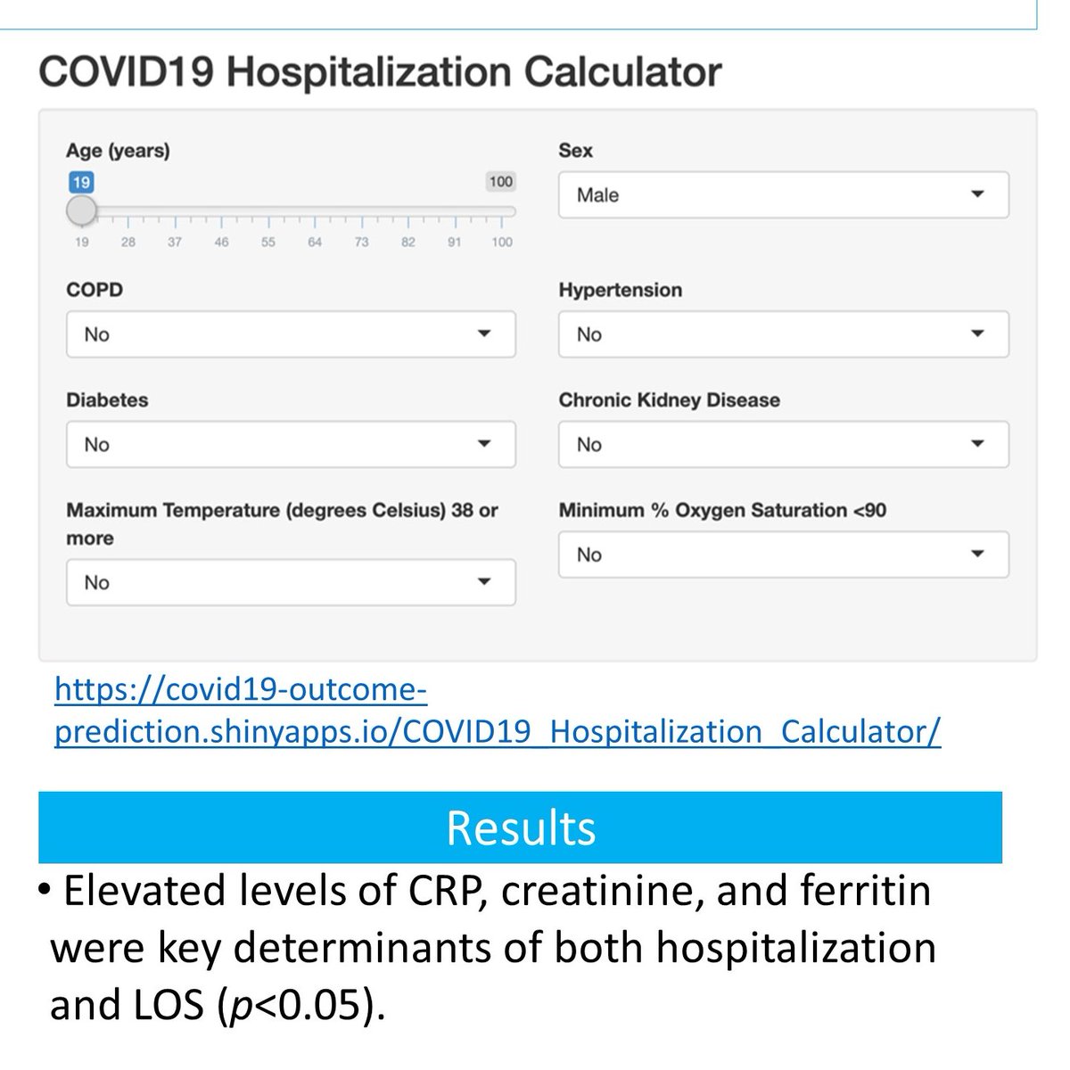 msm_msw's tweet photo. Dr. Maan El Halabi @MAANELHALABI1, et al presents โEvidence-Based Predictor Tool for Hospitalization and Length of Stay for COVID19 patientsโ (Poster #25) #CHEST2020 @josephpmathew3 @nbharat89 @kamho827 @jsaabiye @JuanWisniewski @Paul_TdL @DOMSinaiNYC https://t.co/UDVku2e2Up https://t.co/HCrlfTKURs