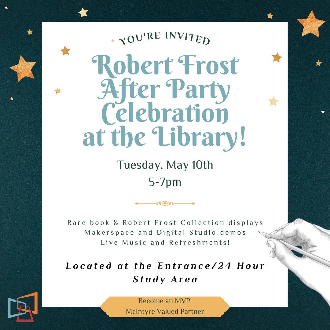 uwec_library's tweet image. Join us for the Robert Frost Celebration of American Poetry 4pm Tues for an outdoor poetry reading overlooking the Chippewa River.

After the reading, guests are invited into the library! Tour our spaces, learn about resources, and find out how to become a McIntyre Valued Partner